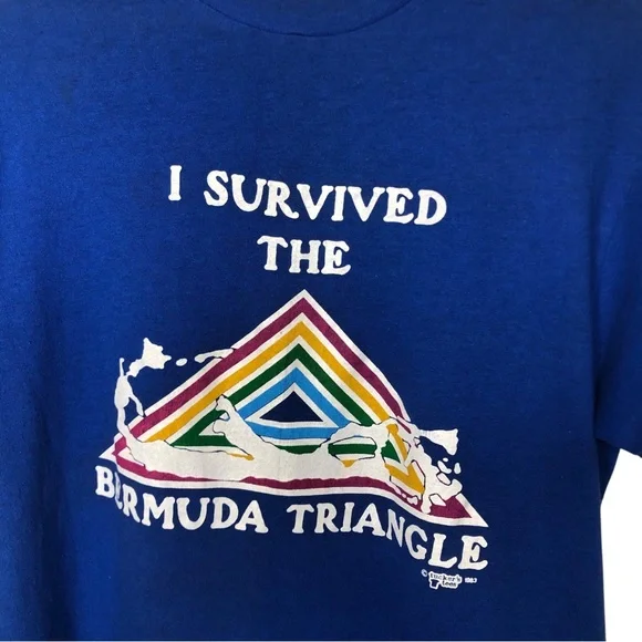 VINTAGE 80s Tucker’s Tees Blue I Survived the Bermuda Triangle Graphic T-shirt - Picture 2 of 5